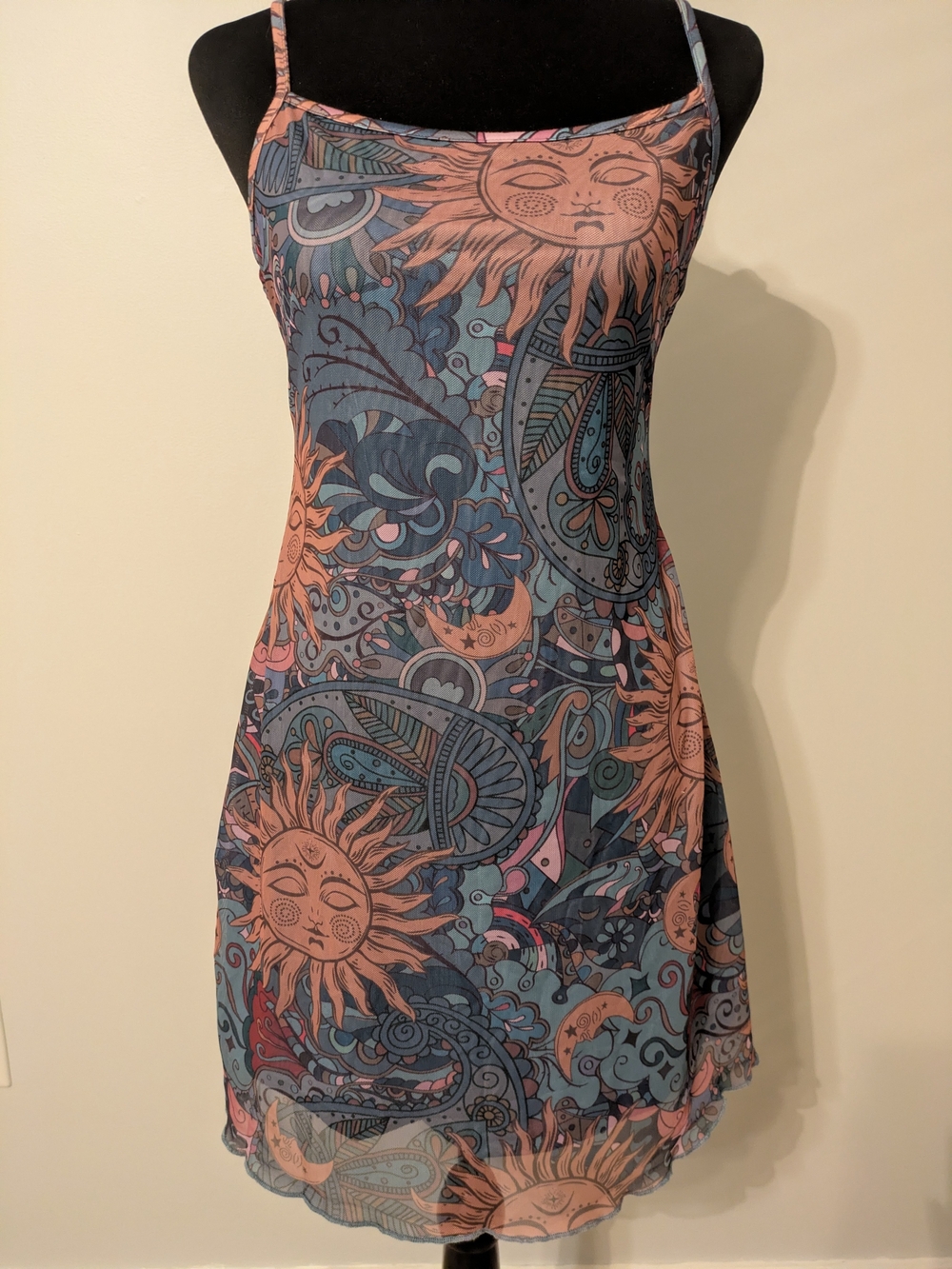 Unbranded Sun & Paisley Mesh Overlay Slip Dress Size M 90s Y2K Stretch Mini